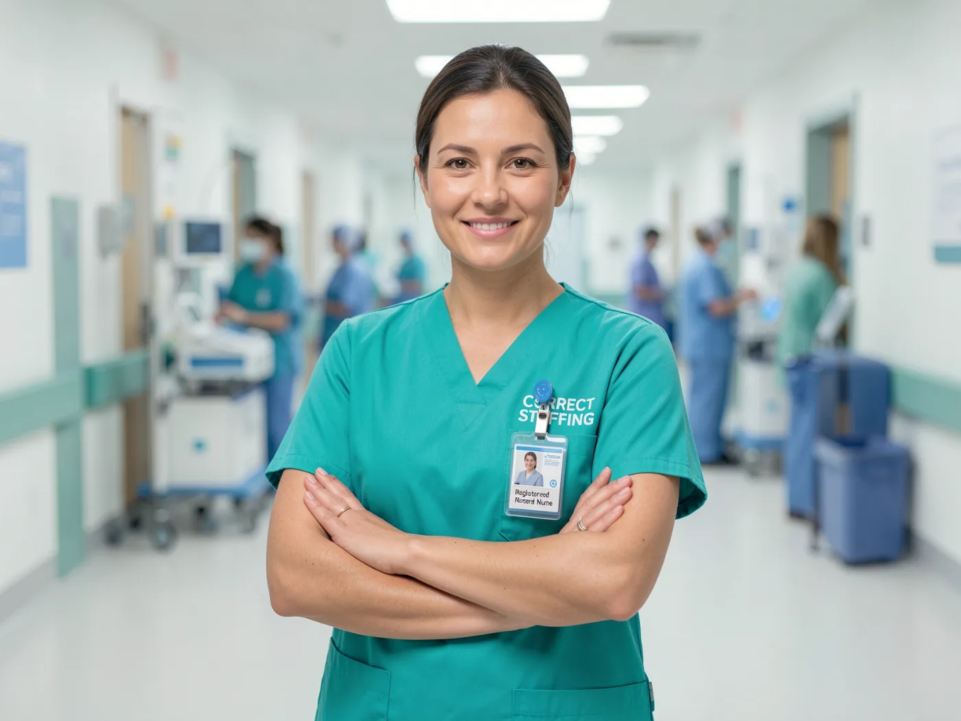 Smiling nurse standing in a hospital corridor