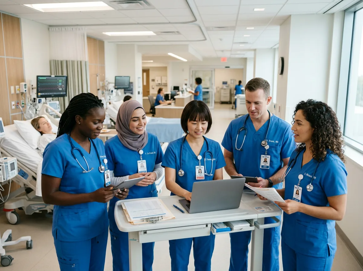 Healthcare team reviewing patient care at a hospital nursing station