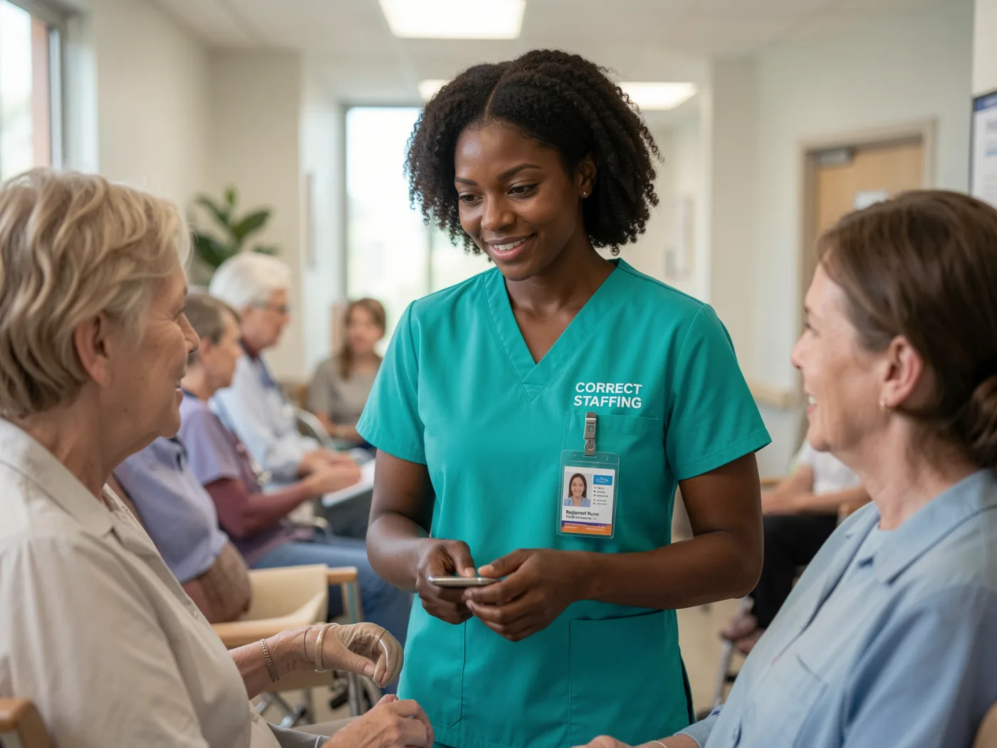 Health care aide supporting seniors in a care home
